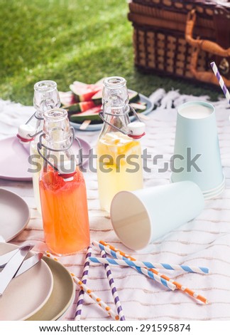 Fresh homemade fruit juice blend served in glass bottles for a country picnic in the summer sun with disposable cups, plates and a picnic hamper on the grass