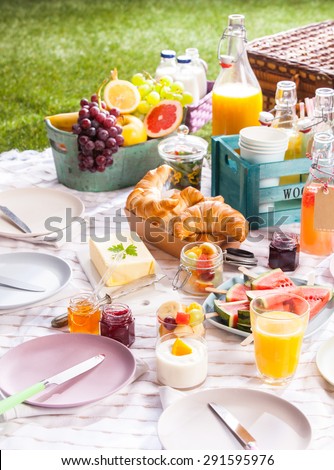 Healthy summer picnic laid out on a blanket on the grass with assorted fresh tropical fruit, juice and croissants with a circle of empty plates and hamper