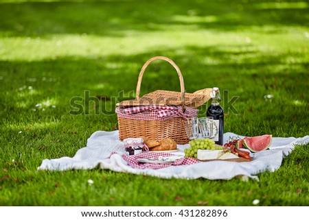Healthy outdoor summer or spring picnic spread out on a rug on a lush green lawn with a bottle of wine, fresh fruit , cheese and bread