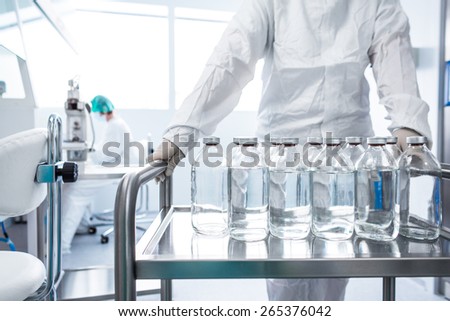 Flasks with liquids in a lab