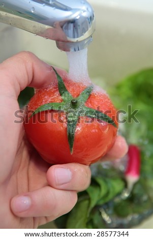 A detail image of washing tomatoes at home in the sink.