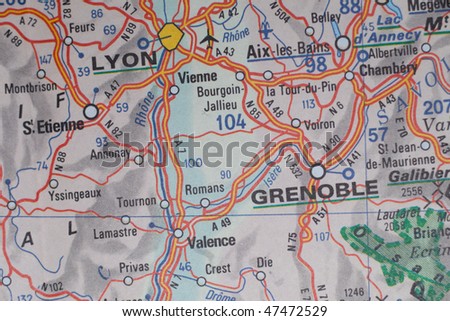 stock photo : Lyon and Grenoble, France as a travel destination on a map