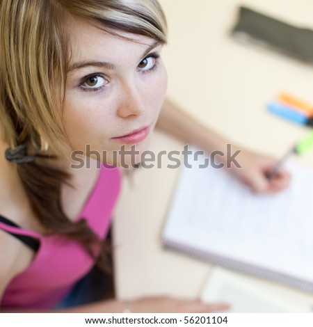Portrait of a pretty young college student in a classroom (color toned image)