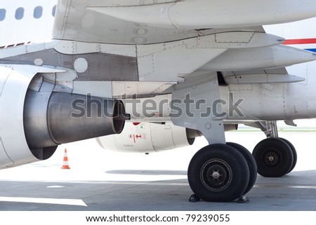 Engines and rear wheels/undercarriage of a modern public transport aircraft