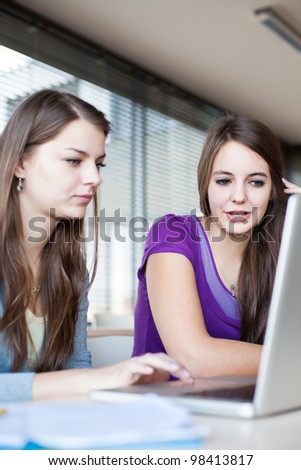 Two female college students working on a laptop computer during class (color toned image)