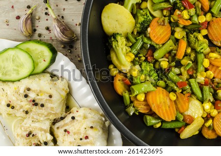 Code fish on plate with vegetables on frying pan