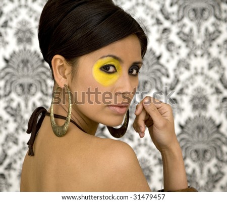 stock photo : Beautiful Asian model with strong make-up and retro wallpaper asian model makeup. stock photo : Beautiful Asian model with strong make-up and retro wallpaper