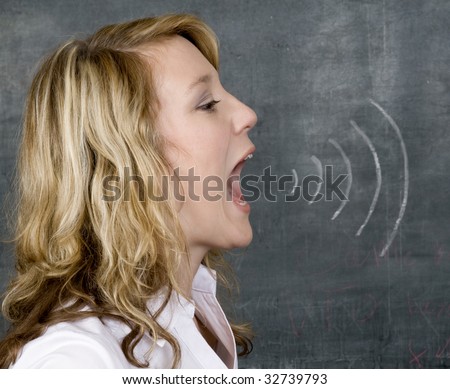 Young woman shouts with chalk marks to represent sound