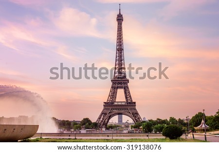 Paris , France 21 May 2015: Sunset at the Eiffel Tower (tour Eiffel) travel background