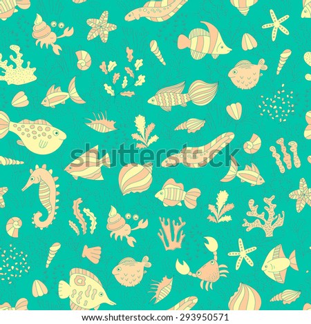 vector colorful seamless pattern with doodle underwater animals and plants. hand drawn illustration for background, fabric, print.
