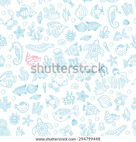 vector seamless pattern with doodle underwater animals and plants on white background. hand drawn illustration for background, fabric, print.