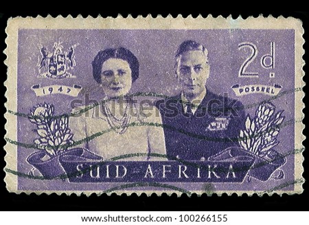 SOUTH AFRICA - CIRCA 1947: A stamp Printed in South Africa shows King George VI and wife, commemorate British Royal family visit to SA, circa 1947