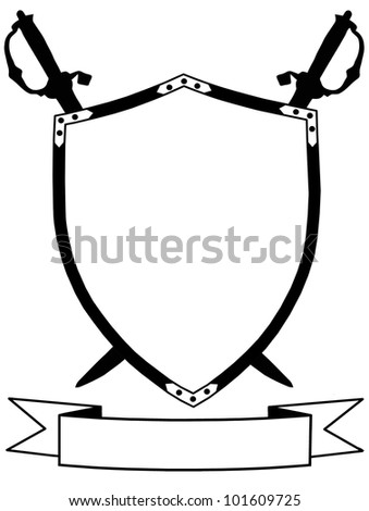 Isolated 16th Century War Shield with Crossed Swords and Banner