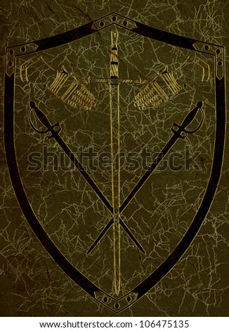 Golden Ancient 16th Century War Shield of Arms on Green Marble Surface