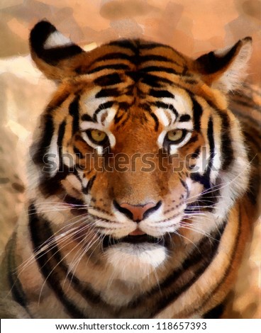 Portrait Painting Of Tiger Face With Slightly Open Mouth