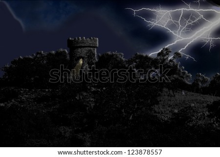 Night Scene Medieval Guard House in Thunder Storm