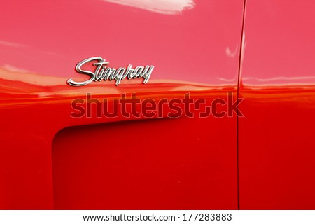 RUSTENBURG, SOUTH AFRICA - FEBRUARY 15:  Red 1973 Chevrolet Stingray Corvette Side Insignia in Private Collection Philip Classic Cars on February 15, 2014 in Rustenburg South Africa.