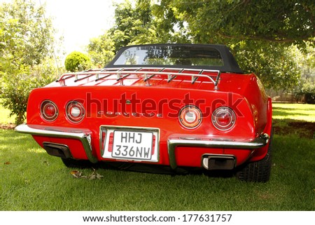 Rustenburg, South Africa - February 15: Red 1973 Chevrolet Stingray Corvette Rear View In Private Collection Philip Classic Cars On February 15, 2014 In Rustenburg South Africa.