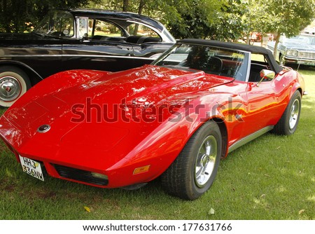 RUSTENBURG, SOUTH AFRICA - FEBRUARY 15:  Red 1973 Chevrolet Stingray Corvette Front View in Private Collection Philip Classic Cars on February 15, 2014 in Rustenburg South Africa.