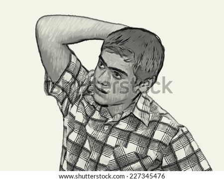 Sketch Teen boy body language expressions - Holding Head Thinking