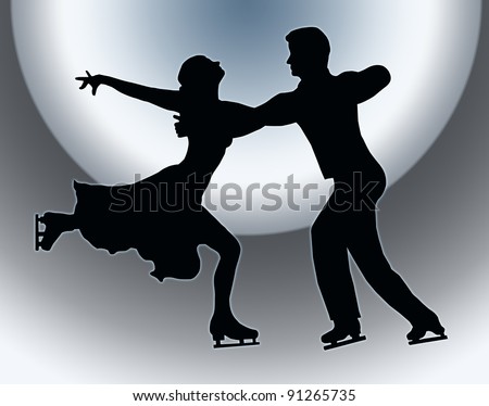 Spotlight Back Silhouette of Ice Skater Couple in Embrace Back Kick