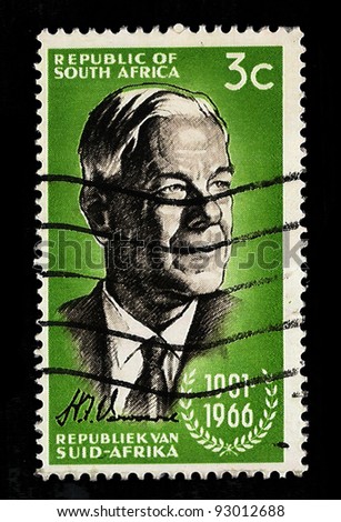 SOUTH AFRICA - CIRCA 1966: A stamp Printed in South Africa of Prime Minister H.F. Verwoerd 1901-1966 so called farther of apartheid 3c, circa 1966