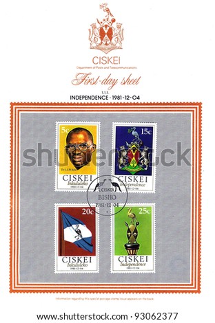 CISKEI (AFRICA) - CIRCA 1981: A stamp series printed in Ciskei (Africa) on First Day of Issue Envelope celebrating their independence shows State Emblems, Flag and President Sebe, circa 1981