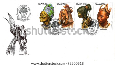 SOUTH WEST AFRICA (NOW NAMIBIA) - CIRCA 1982: A stamp series printed in South West Africa on First Day of Issue Envelope shows woman of the native tribes living in the country, circa 1982