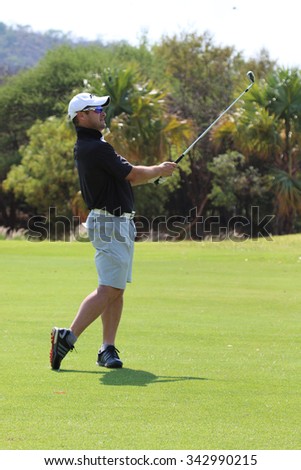 BOUCHER, MARK - NOVEMBER 15: Former Protea Cricket player at Gary Player Charity Invitational Golf Tournament checking his drive shot on November 15, 2015, Sun City, South Africa.