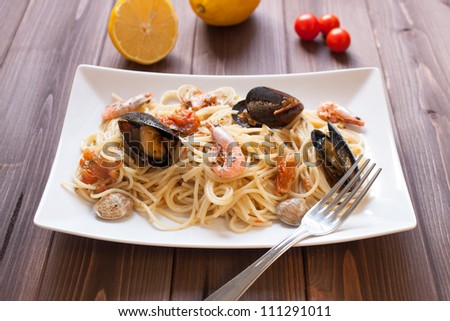 Tasty Spaghetti with clams, crayfish and shrimp