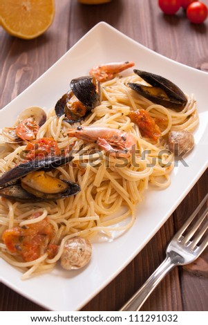 Tasty Spaghetti with clams, crayfish and shrimp