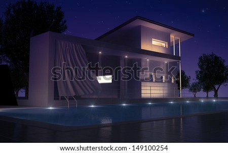 Modern villa with water pool day and night view