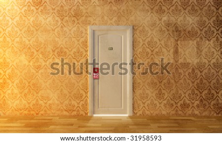 a white door on the damask wall with do not disturbe message