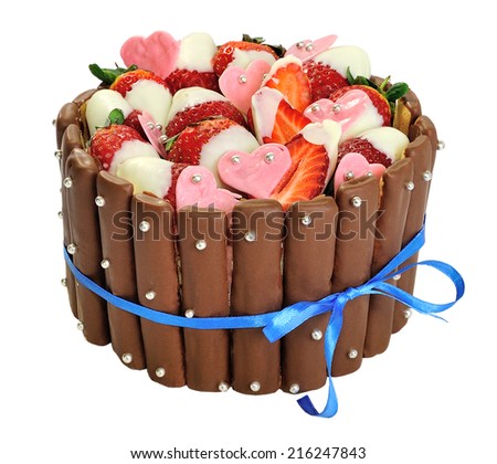 Chocolate cake with strawberry cake on a white background