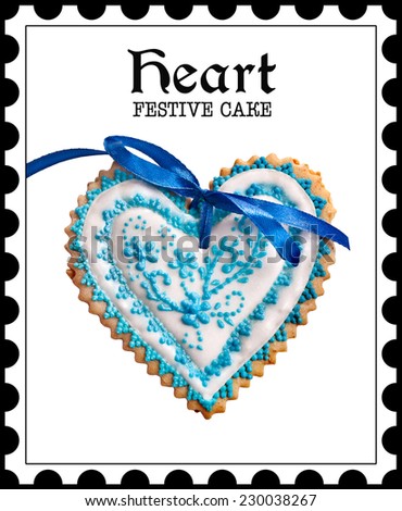 Heart.Festive cake.Merry Christmas.Happy New Year!Postage stamps.Image on white background.
