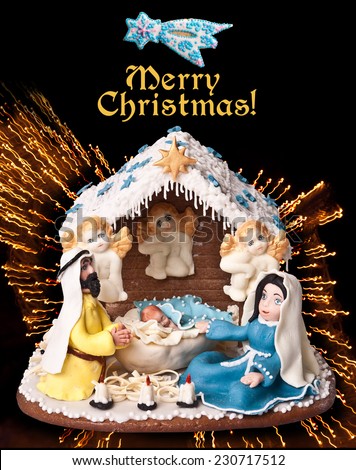 Scene of the birth of Christ.Star of Bethlehem.Merry Christmas!Happy New Year!