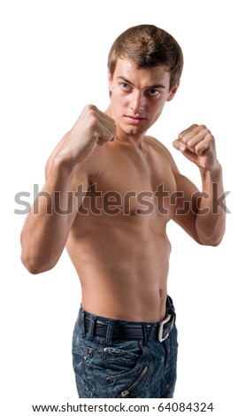 man is a boxer.figure of athlete on a white background.with fists fighter.