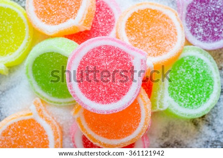 Jelly sweet, flavor fruit, candy dessert colorful on sugar.