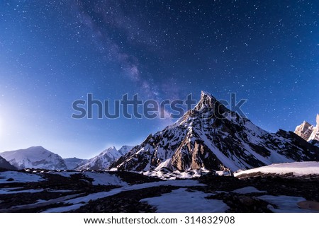 Starry night with Mitre peak at Concordia, Pakistan