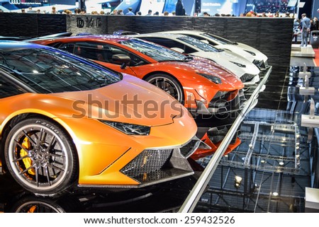 GENEVA - MARCH 3, 2015: DMC EXOTIC CAR TUNING LTD presented at the 85th Geneva International Motor Show the range of customized Lamborghini supercars.
