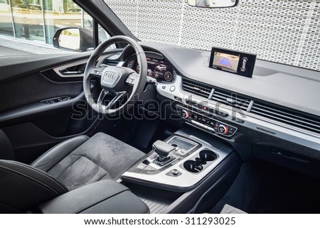 MINSK, BELARUS - AUGUST 28, 2015: 2015 model year all-new Audi Q7 3.0 TFSI interior on display at test drive event for automotive journalists.