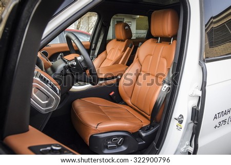 MINSK, BELARUS - APRIL 6, 2014: an interior of 2015 model year Range Rover Sport 3.0 Supercharged is on display. British SUV is powered by 3.0 liter V6 (340 hp & 450 Nm). Close up, shallof DOF.