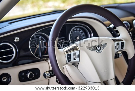 BERLIN CIRCA AUGUST 2014: Bentley Flying Spur V8 interior on display at test drive for automotive journalists. The Flying Spur sees traditional craftsmanship teamed with modern automotive technology.