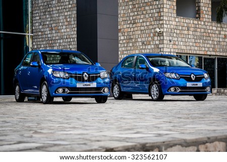 TIVAT, MONTENEGRO - APRIL 28, 2014: New Renault Logan II (Russian-spec) at the first test-drive event. Renault Logan II was launched in 2014 and is manufactured in Togliatti, Russia at AvtoVAZ plant.