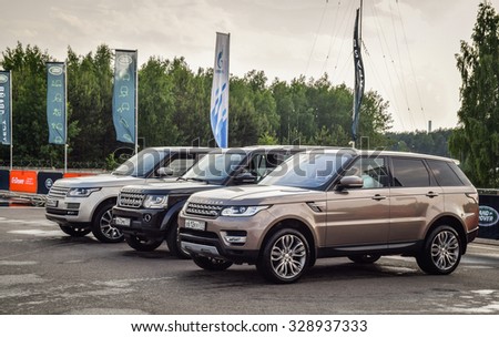 MINSK, BELARUS - JUNE 20, 2015: Test-drive event for 2015 model year Land Rover and Range Rover is held in Minsk, Belarus on June 20, 2015. British SUVs are on display.