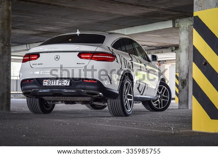 MINSK, BELARUS - OCTOBER 6, 2015: 2015 model year Mercedes-Benz GLE 400 4Matic Coupe at the test drive. GLE 400 4Matic Coupe is powered by 3.0 liter twin-turbo V6, which produces 333 hp of power.