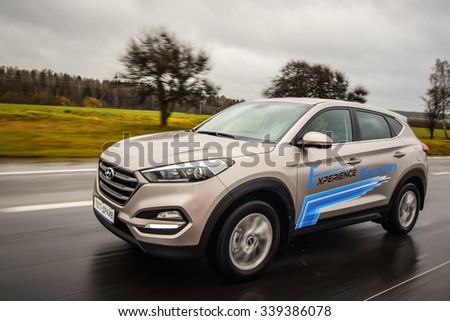 MINSK, BELARUS - NOVEMBER 14, 2015: All-new 2016 model year Hyundai Tucson drives along the road during the test-drive. Tucson offers the exciting style and versatility.