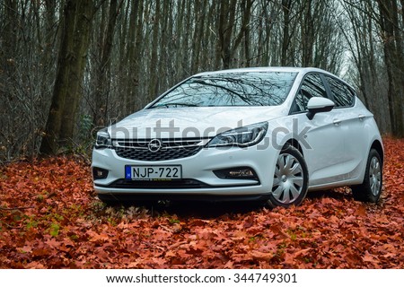 BUDAPEST, HUNGARY - NOVEMBER 27, 2015: 2016 model year Opel Astra (generation K) is on display at the test-drive. White five-door hatchback equipped with 1.0 liter turbo petrol engine is on display.