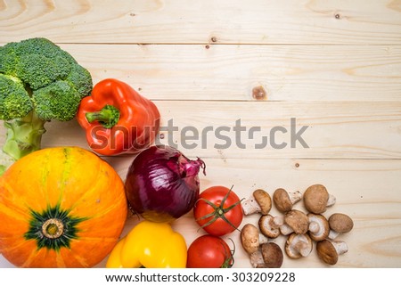 Fresh farmers market fruit and vegetable from above with copy space.