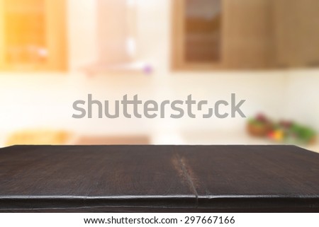 wood desk space and kitchen background. for product presentation